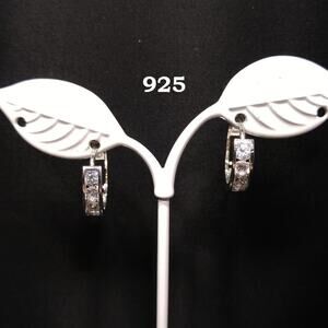 Silver 925 Hoop Post Earrings, Clear Rhinestones, 3/4 Inch
